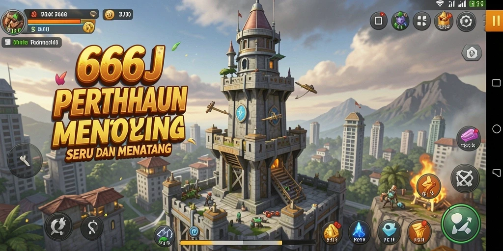 Gameplay seru 666J dengan berbagai menara untuk pertahanan.