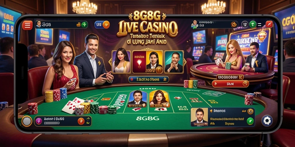 Screenshot gameplay menampilkan dealer langsung di 8G8G dengan pemain aktif.
