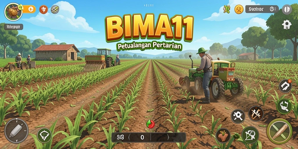 Screenshot gameplay BIMA11 menunjukkan suasana pertanian yang ceria.