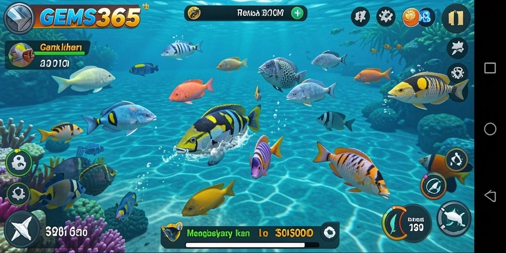 Gameplay seru GEMS365 dengan beragam ikan yang bisa ditangkap.