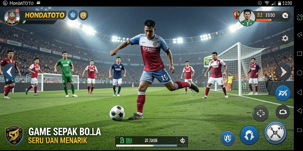 Screenshot menunjukkan pertarungan seru dalam game sepak bola HONDATOTO.