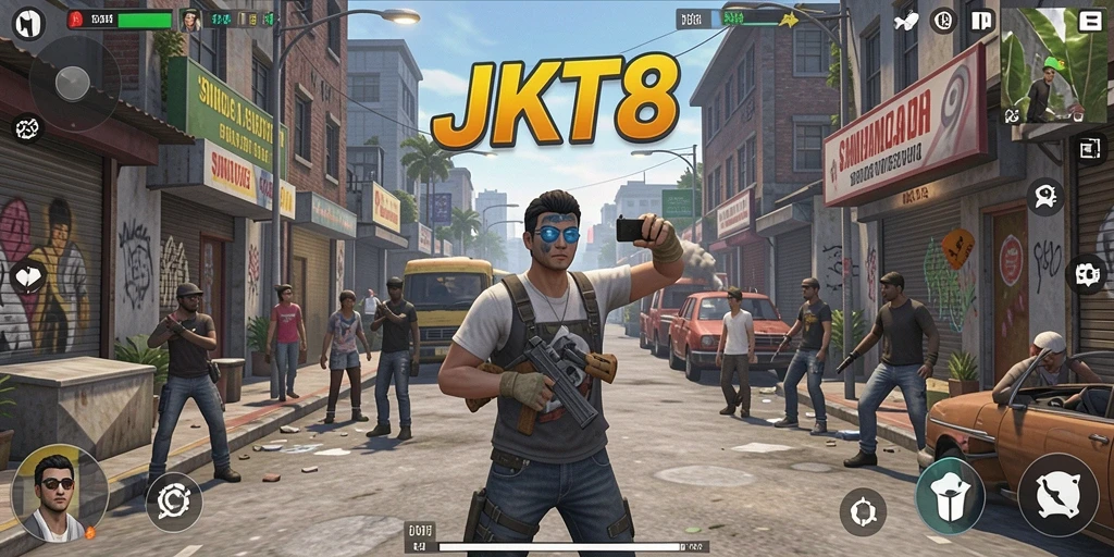 Gambaran menarik gameplay JKT8 dengan karakter dan aktivitas sehari-hari.