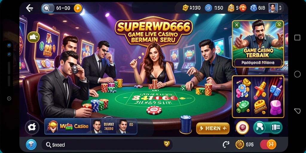Screenshot utama SUPERWD666 menampilkan dealer langsung dan pemain aktif dalam permainan kasino.